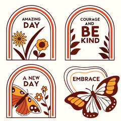 Retro inspired graphic badges with floral and butterfly motifs and positive affirmations vintage emblem