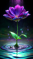 Purple flower with green leaves and water droplets