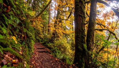 A sunlit forest path winds through vibrant autumn foliage, showcasing a carpet of fallen leaves and moss-covered trees.
