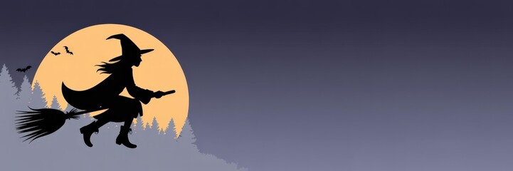 Halloween Vector Banner &mdash; Female Witch Broom Silhouette Flying Past Orange Full Moon Bats & Pine Forest Purple Gradient Sky, Left-Side Copy Space Website Hero / Social Media Cover / Halloween Sale/Eve