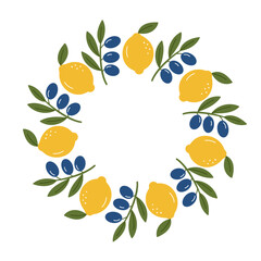 Round frame, wreath with lemon and olives on a white background. Mediterranean theme.