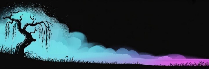 Panoramic Vector Banner — Silhouette Weeping Willow Tree, Cyan‑Magenta Neon Mist & Halftone Spray Texture, Deep Black Night Background, Right Copy Space — YA Fantasy / Paranormal Book Cover, Website H