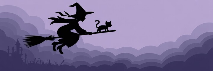 Halloween Banner — Paper-Cut Layered Vector: Female Witch & Black Cat Broomstick, Purple/Lavender Clouds & Castle Silhouette, Wide Panoramic Website Hero / Social Media Cover Copy Space (Text/CTA Read