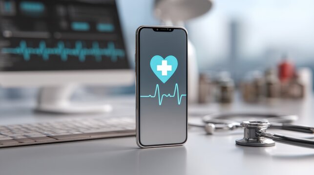 Smartphone displaying health data sits prominently on a desk beside a computer monitor and medical equipment. The workspace highlights digital health integration in daily life.