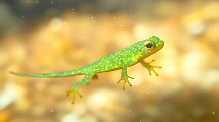 A vibrant green newt with a spotted pattern swims in its natural aquatic habitat