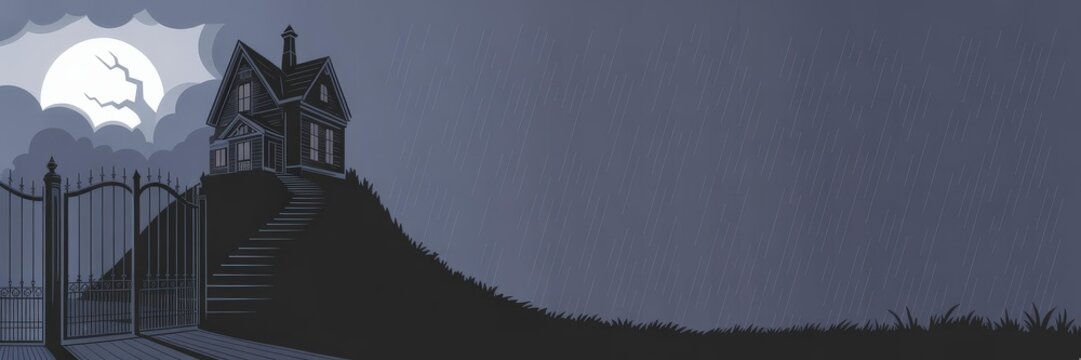 Panoramic Vector Gothic Victorian Haunted House Hill Wrought‑Iron Gate & Staircase, Rainy Full‑Moon Night — Dark Blue‑Gray Halloween Banner Template Right‑Side Copy Space