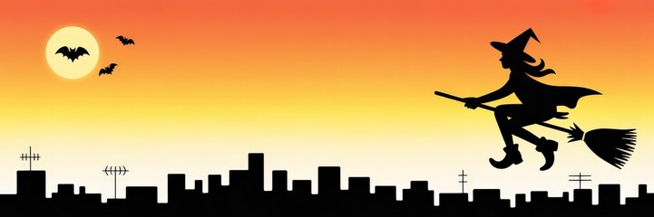 Halloween Banner Vector &mdash; Female Witch Silhouette Flying Broomstick City Skyline Full Moon & Bats, Orange‑Yellow Sunset Gradient, Panoramic Copy Space Website, Social Media & Party Invitations