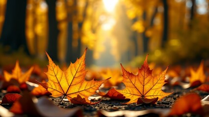 Autumn leaves on forest path in golden light
