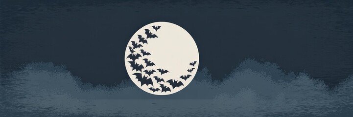 Layered Paper-Cut Vector Halloween Banner &mdash; Full Moon & Flying Bat Silhouettes Navy Blue Night Sky Foggy Water Reflection, Copy Space | Horizontal Social Media & Website Hero Image Autumn/Fall Promoti
