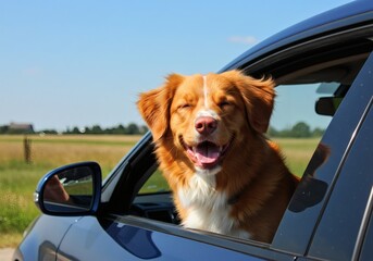Happy dog car ride: nova scotia duck tolling retriever enjoying road trip