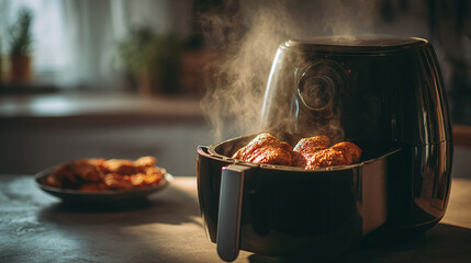 Modern kitchen air fryer cooks juicy chicken breasts with rising steam on countertop. Healthy meal preparation using technology for tender, tasty, brown meat. Convenient home cooking, delicious