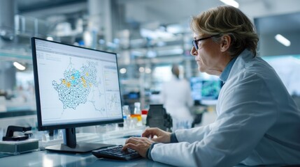 A scientist in a lab coat focuses intently on a computer screen displaying complex data visualizations. Bright fluorescent lights illuminate the modern laboratory filled with research equipment.