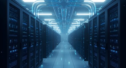 Futuristic Server Room with Glowing Blue LED Lights