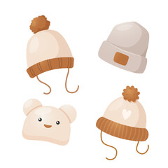 Fototapeta premium Baby warm hat set in pastel colors isolated on white background. Infant headwear, cozy winter newborn accessories.