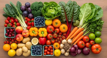 Flat Lay of Fresh Fruits and Vegetables on Wooden Table