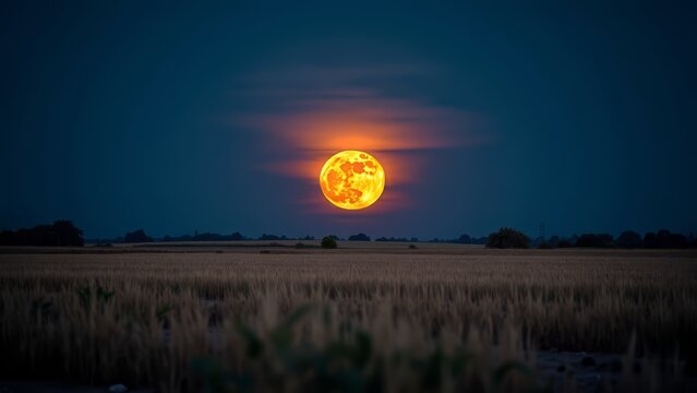 Harvest moon rising over rural field at night