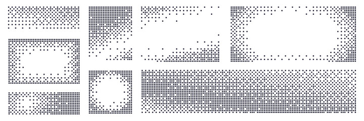 Set of pixel transform effect with halftone dot pattern. Black mosaic frames with square shapes, abstract disintegration. 8bit art backgrounds with explosion and geometric elements