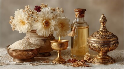 Cultural still life with flowers and grains high resolution photo
