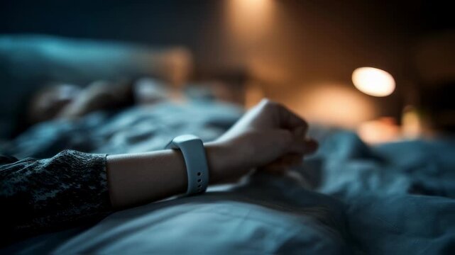 Smartwatch is monitoring sleep patterns and vital signs of a woman sleeping peacefully in bed at night, providing valuable data for better rest and overall health