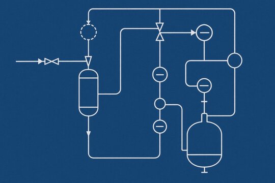 Technical blueprint of a chemical plant featuring pipes and valves against a blue background. - Powered by Adobe