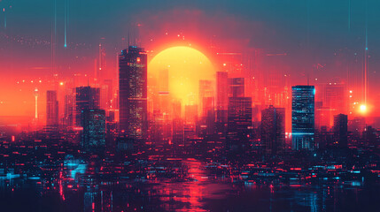 Fototapeta premium Futuristic sci fi digital city landscape, glowing skyscrapers and technology elements, concept of information age, innovation, and advanced digital urban environment.