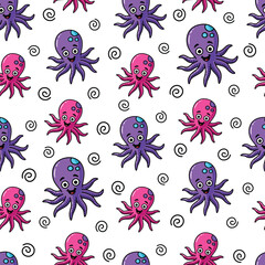 Seamless Vector Cartoon Hand Drawn Happy Octopus Pattern Design In White Background