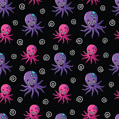 Seamless Vector Cartoon Hand Drawn Happy Octopus Pattern Design In Black Background
