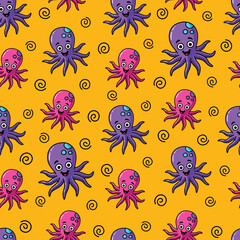 Seamless Vector Cartoon Hand Drawn Happy Octopus Pattern Design In Yellow Background