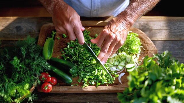 Senior chef chopping fresh green vegetables on a wooden board, preparing a healthy meal with dill, parsley, cucumber, zucchini, and tomatoes