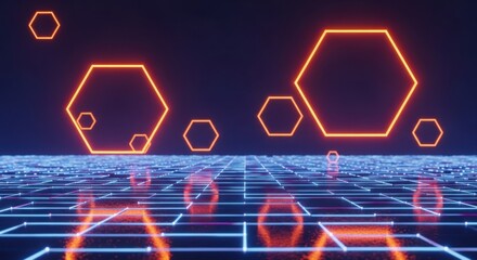 Abstract glowing hexagonal shapes on a digital grid representing technology and future connections