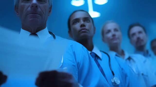 Citizens with raised medical files and earnest expressions captured in medium shot foreground sharp with a dim justice scale image behind illustrating vigilance in health service
