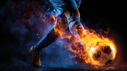 A player executes a powerful soccer kick, sending a ball engulfed in flames across the dark field. The intense action showcases energy and skill in an electrifying atmosphere.