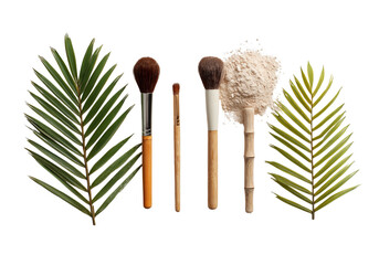 A flat lay of makeup brushes, powder, and a green leaf on a isolated on a transparent background in PNG format.