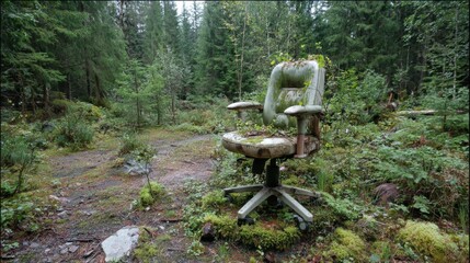 An abandoned office chair stands alone in a lush green forest, surrounded by dense vegetation and moss. Raindrops create a serene atmosphere in this secluded area.