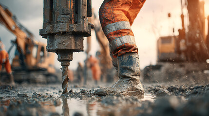 Construction worker drilling soil for site investigation. Safety gear on. Heavy machinery and muddy conditions.