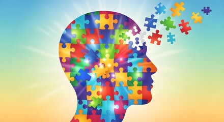 Creative illustration of head silhouette filled with bright puzzle pieces, symbol of mental growth and personal development.
