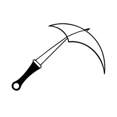 Vector art of black and white illustration of a scythe with a curved blade and handle icon