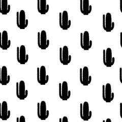 Seamless hand drawn pattern with cactus. Vector illustration black and white background.