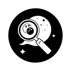 Vector art of magnifying glass observing a celestial body with stars in a black circle