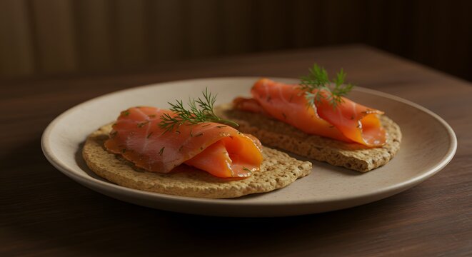 A ceramic plate of flatkaka with smoked trout on a restaurant table