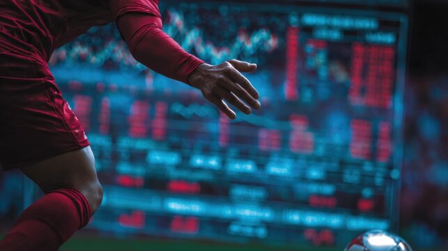 A soccer player in a red uniform positions for a kick, while behind them, a vibrant display of data analytics highlights the game's statistics and performance metrics in a stadium.