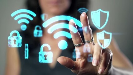 Cybersecurity concept with hand touching wireless network security icons. Digital protection, data encryption, secure wifi connection, privacy shield symbols, and internet safety technology interface. - Powered by Adobe