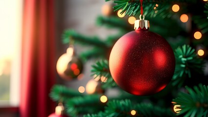 Naklejka premium Red christmas ornament hanging on tree branch