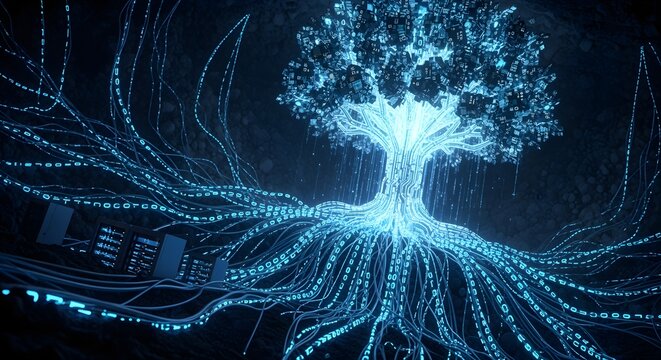 Data roots underground: a binary code roots feeding a glowing tech tree.