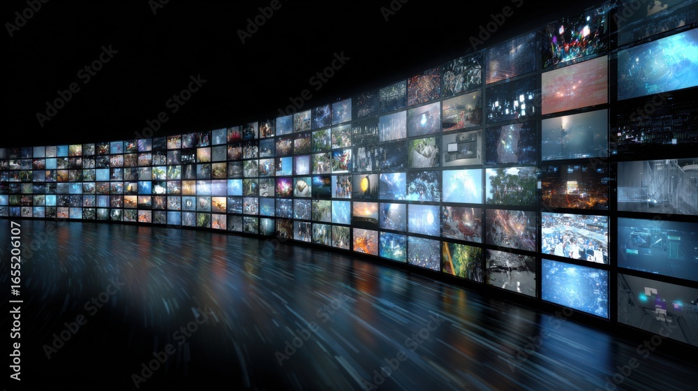 Wall mural a vast digital gallery features an array of colorful multimedia artworks displayed on numerous scree