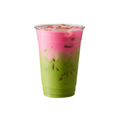 Refreshing Pink and Green Matcha Latte in Plastic Cup with Ice