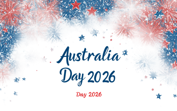 Festive Australia Day 2026 banner with vibrant stars and patriotic decorations celebrating national pride isolated on transparent background PNG