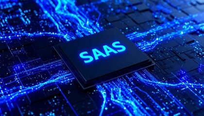 A digital illustration of a central processing unit (CPU) chip, highlighting the software as a service (SaaS) technology concept.