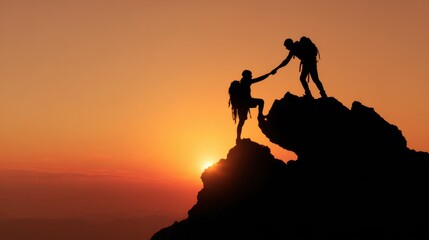 Two climbers assist one another while scaling a rocky mountain under a breathtaking sunset. They demonstrate teamwork and perseverance as they navigate challenging terrain.