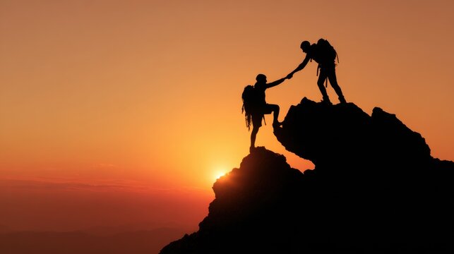 Two climbers assist one another while scaling a rocky mountain under a breathtaking sunset. They demonstrate teamwork and perseverance as they navigate challenging terrain.